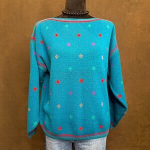 Vintage Jason Maxwell Sweater 80s Geometric Knit Turquoise Pullover Korea XL